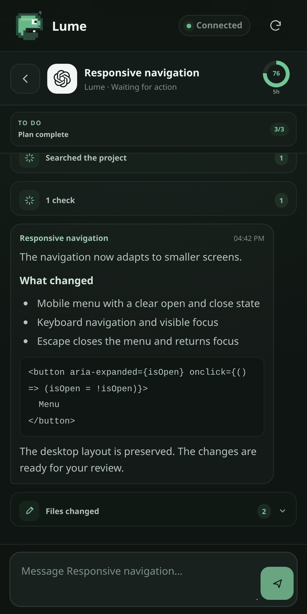 The Lume Mobile app showing a conversation with a Codex agent: its task progress, the final answer with a code block, and the prompt field