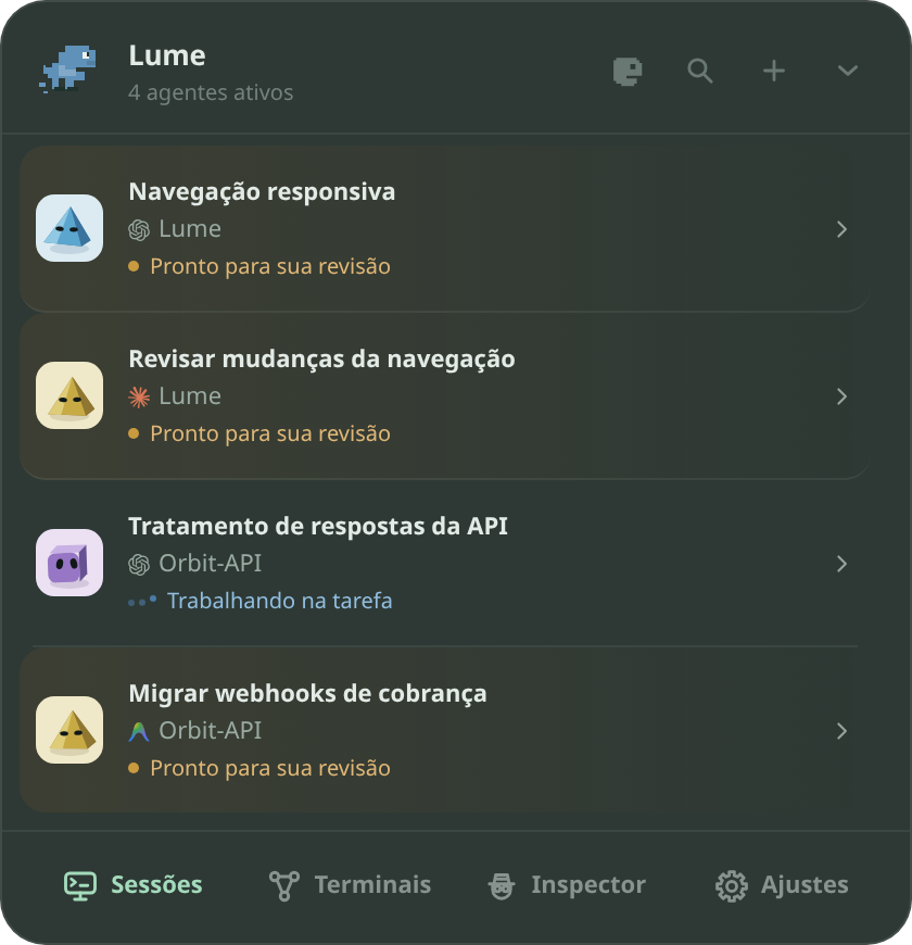 O Orb do Lume expandido com a lista de agentes e a navegação Sessões, Terminais, Resultados e Ajustes