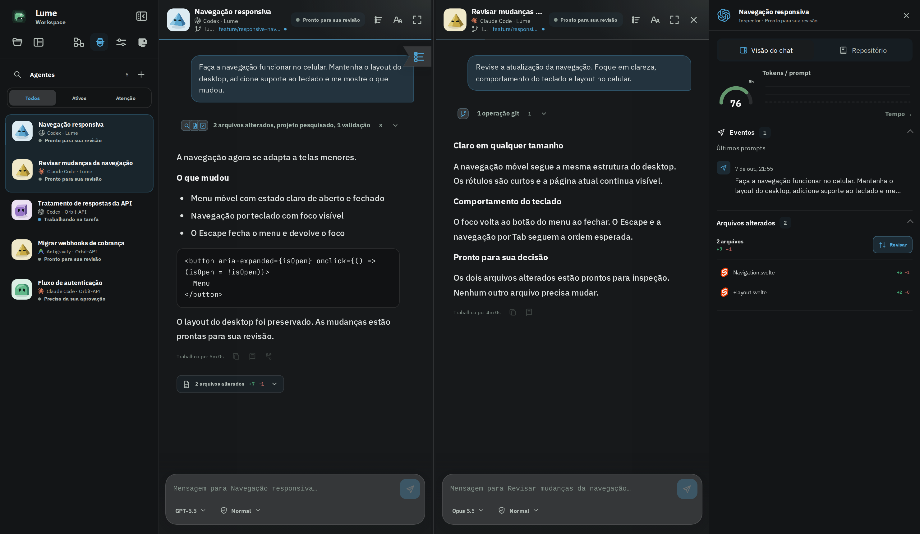 O Workspace real do Lume com a barra lateral de agentes, painéis de conversa do Codex e do Claude Code, campos de prompt e o inspetor de sessão